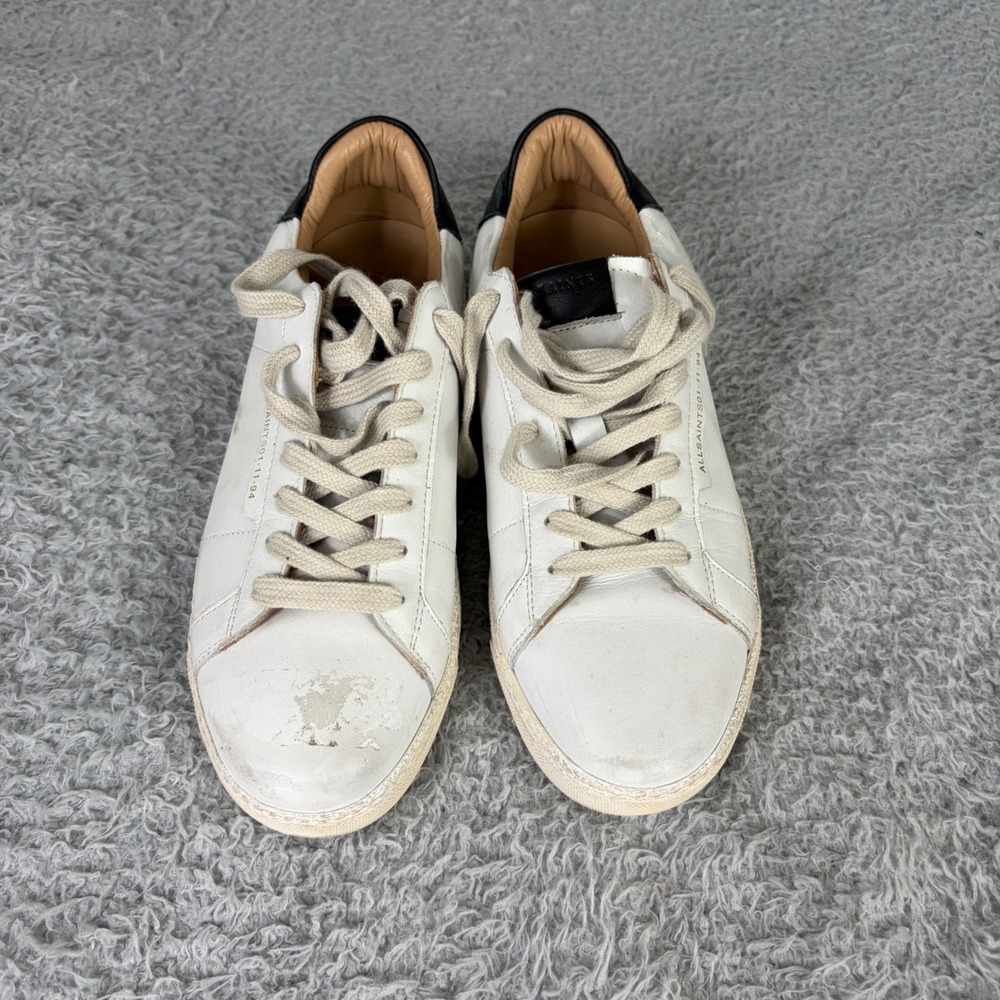 AllSaints Sheard White Leather Low Top Sneakers Mens 40 Black Heel Tab 3920